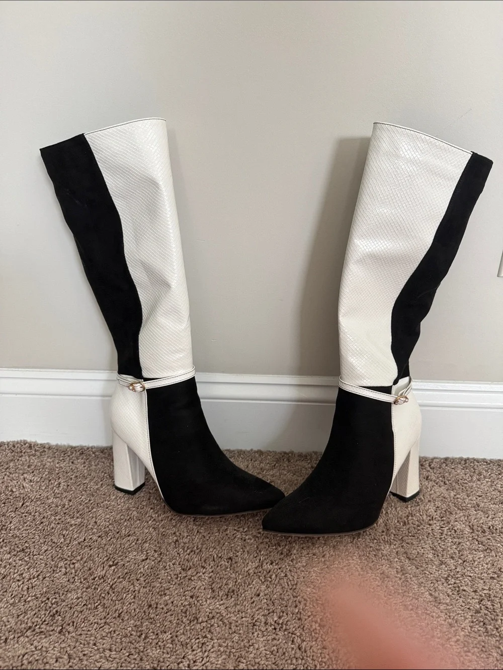 SHEIN Black and White Two-Tone Over-the-Knee Pointed Boots
